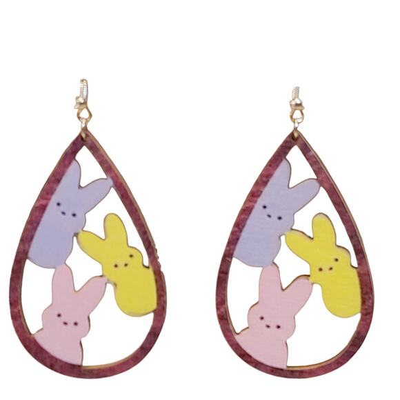 Easter Bunny Candy Earrings Wooden Marshmallow Dangle‎ Holiday Novelty Spring - Picture 1 of 4
